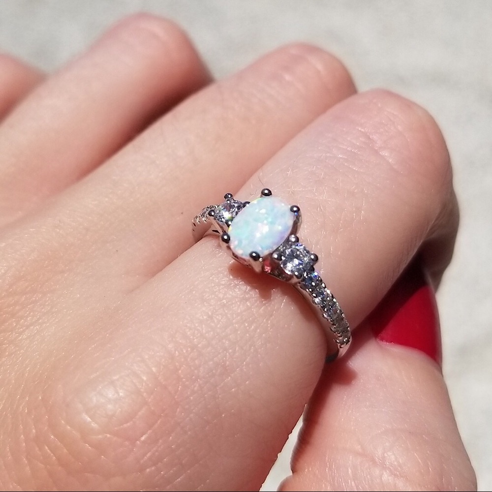 .925 Sterling Silver Oval White Opal CZ Ring - Picture 7 of 8